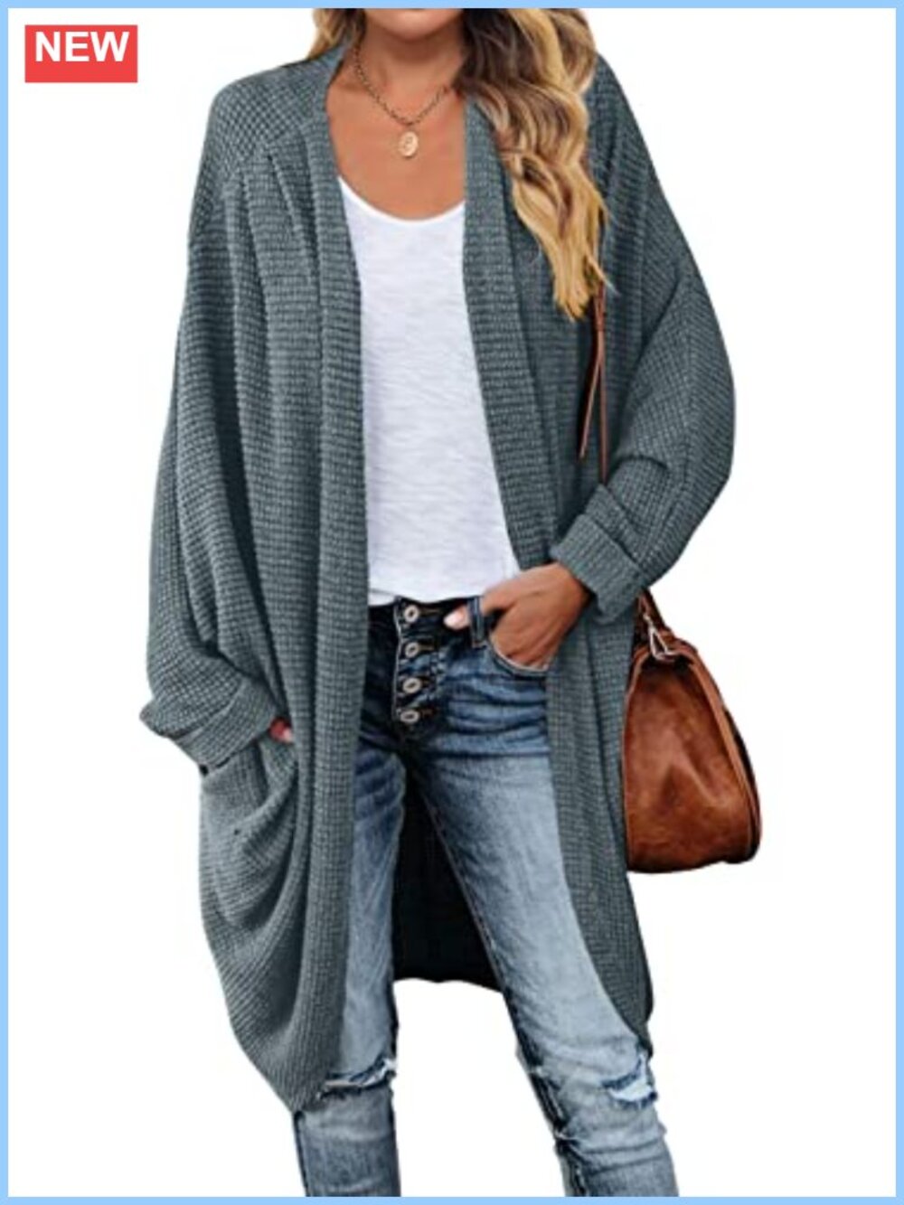 Oversized Boyfriend Cardigan Dolman Sleeves Waffle Knit